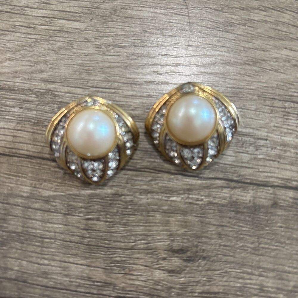 Vintage Nina Ricci Pave Rhinestone Faux Pearl Gold Clip On Earrings Signed